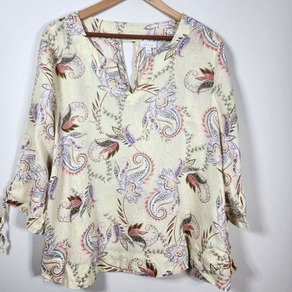 J. Jill Love Linen Yellow Paisley Floral Light Zest Midsummer Blouse Size Large